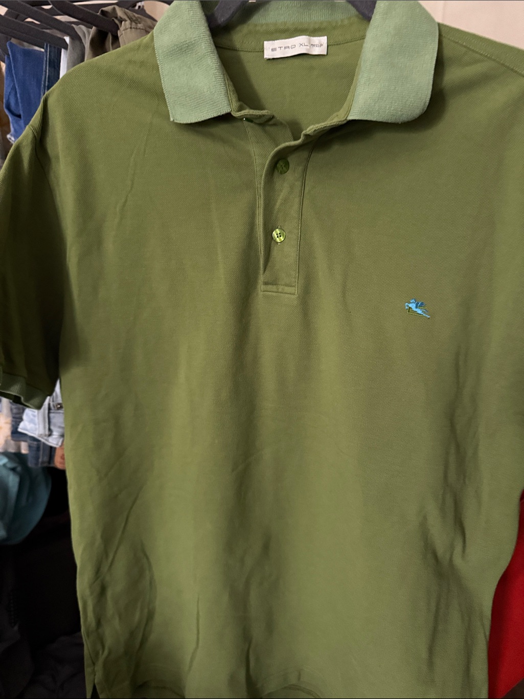 Etro Xl Olive Green Polo With Light Green Contrast Collar
